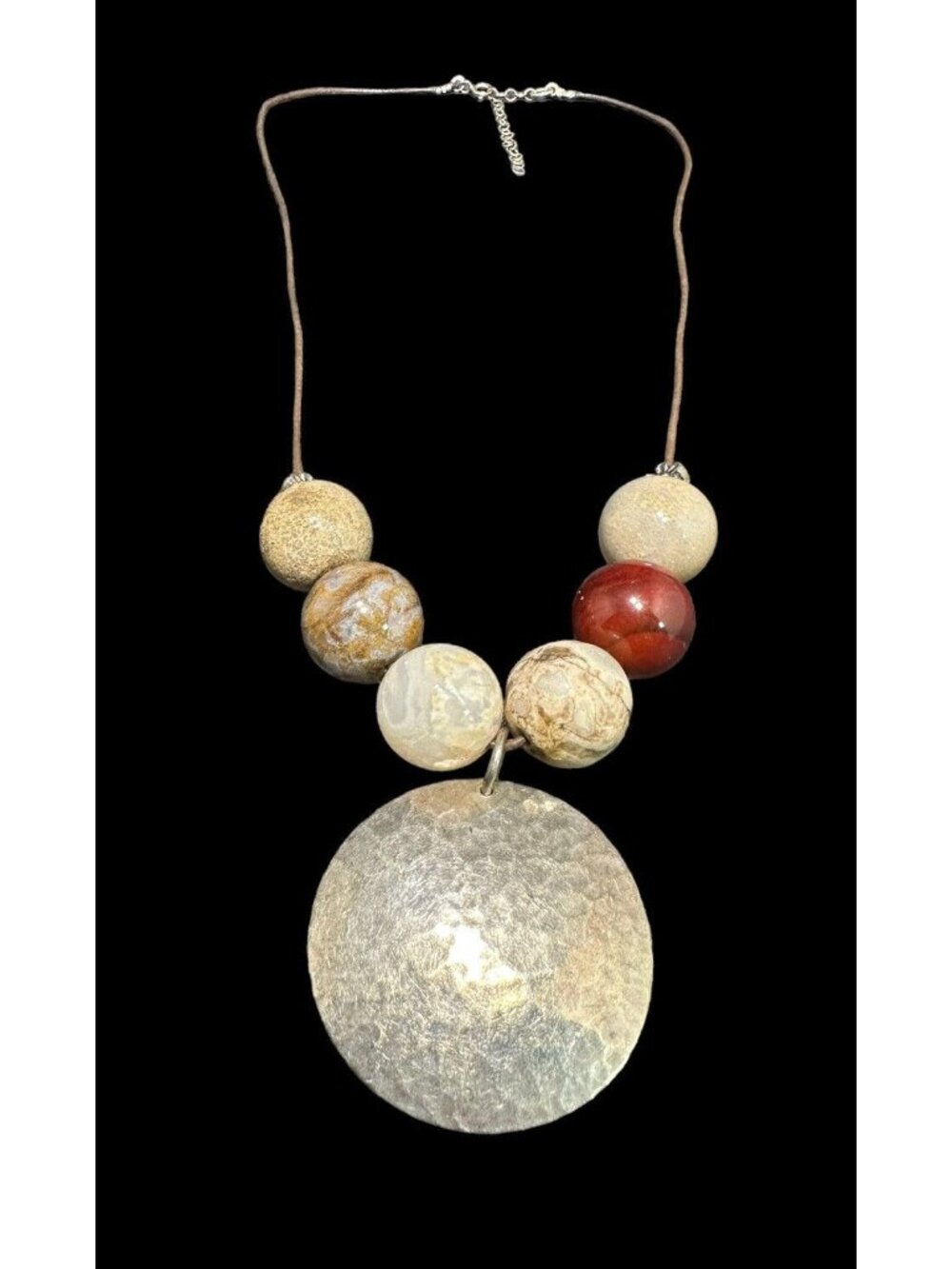 Sterling Silver Round Pendant Agate And Jasper Beads Cord Necklace Adjustable